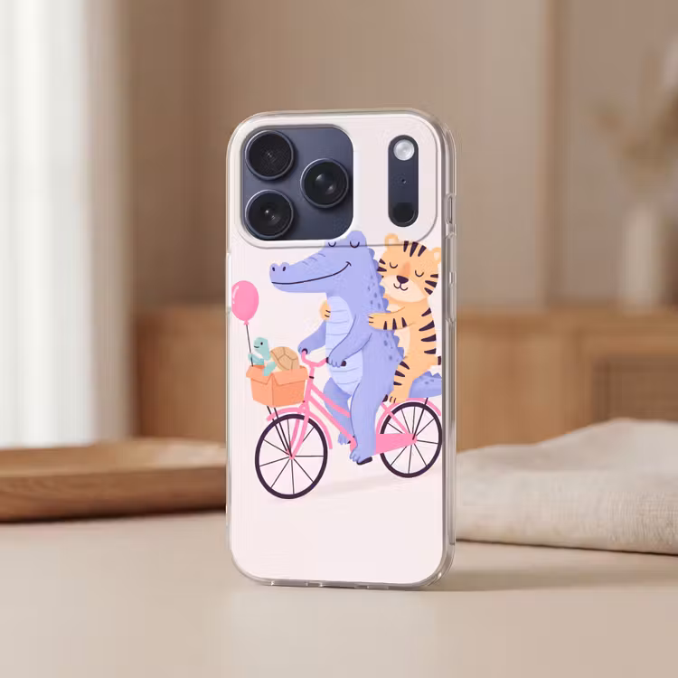Telefoonhoesje - Dieren - Fiets - Vriendschap - Illustratie - Roze — 3