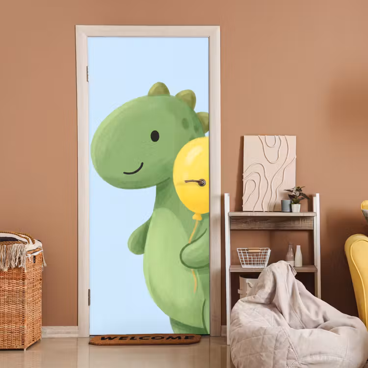 Deursticker - Dinosaurus - Ballon - Kinderkamer - Illustratie - Groen — 2
