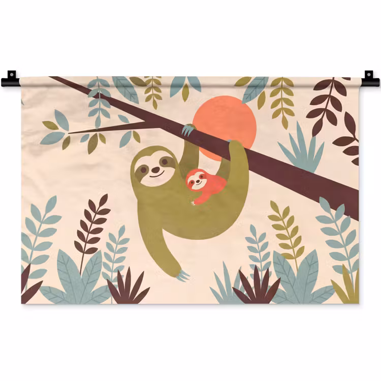 Wandkleed - Dieren - Moeder - Baby - Natuur - Groen — 1