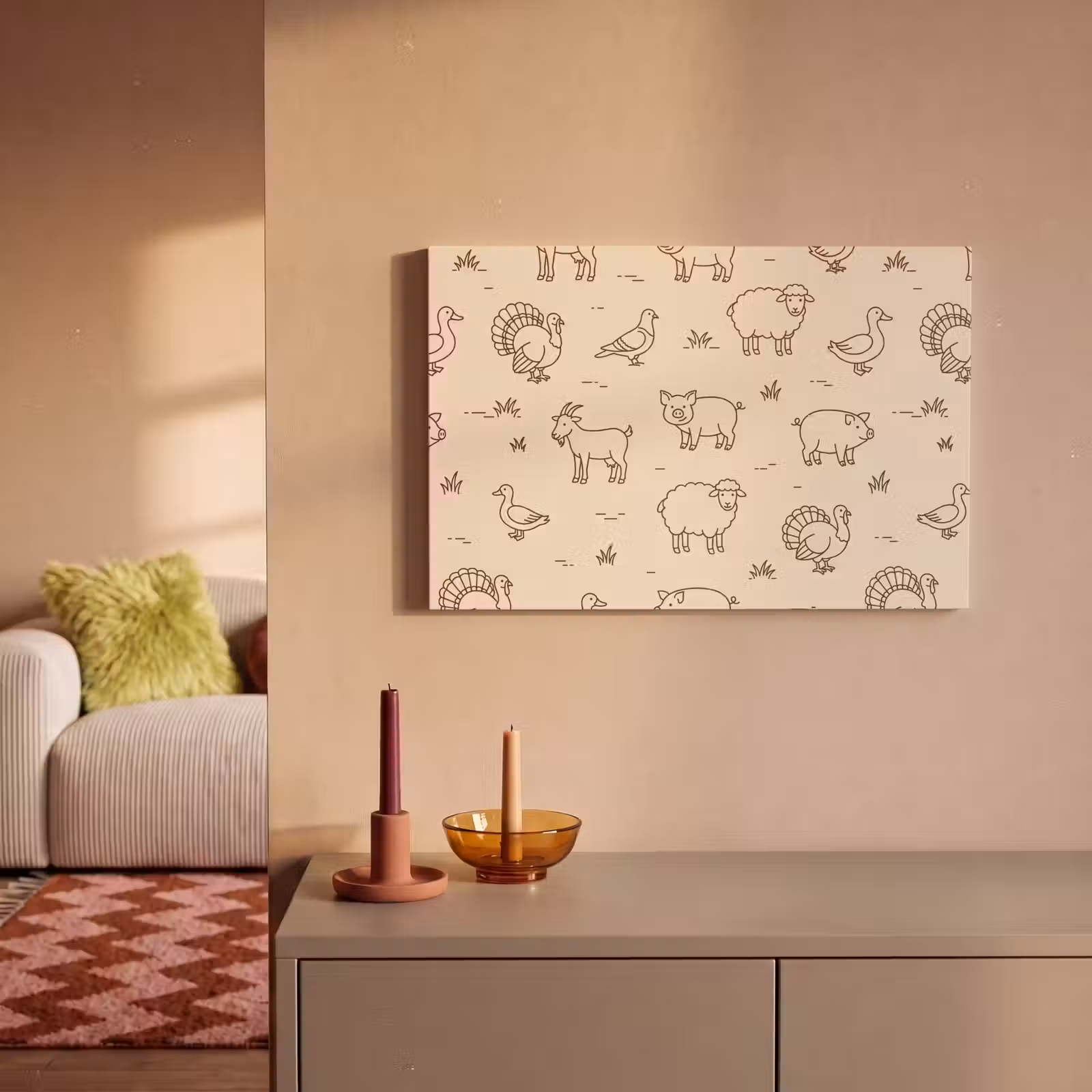 Canvas schilderij - Dieren - Patroon - Boerderij - Minimalistisch - Beige — 1
