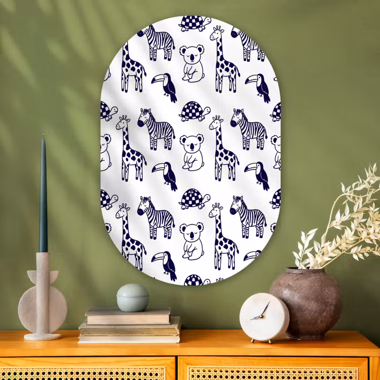 Muurovaal glas - Dieren - Patroon - Kinderkamer - Grafisch - Wit-Blauw — 2