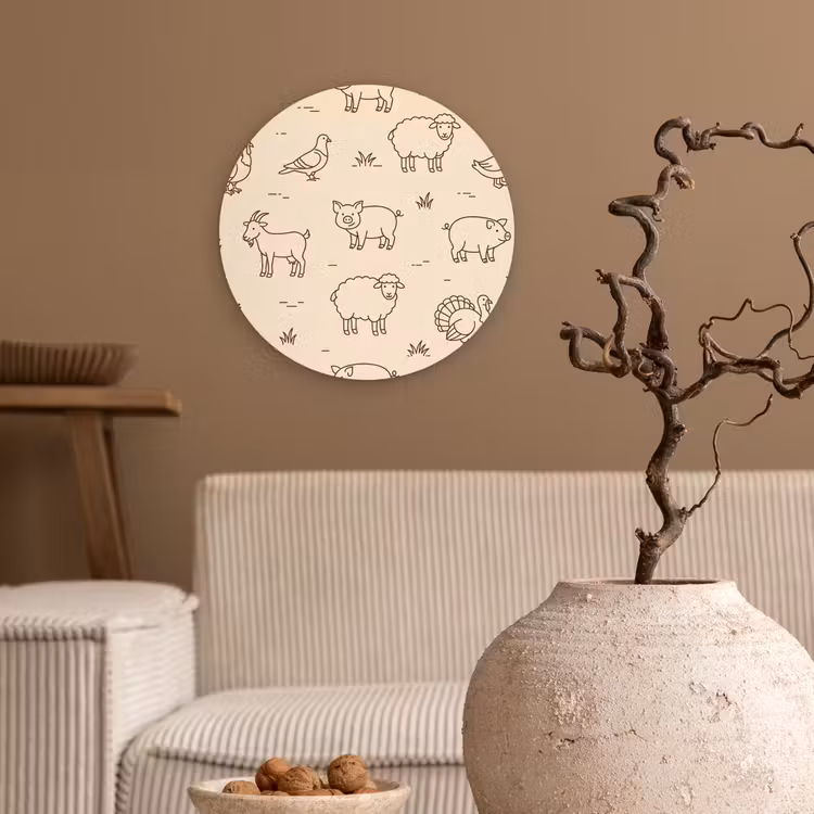 Muurcirkel - Dieren - Patroon - Boerderij - Minimalistisch - Beige — 2