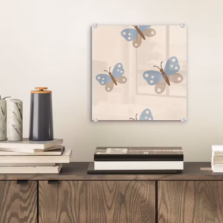Glas schilderij - Insect - Vlinderpatroon - Abstract - Blauw - Beige — 2