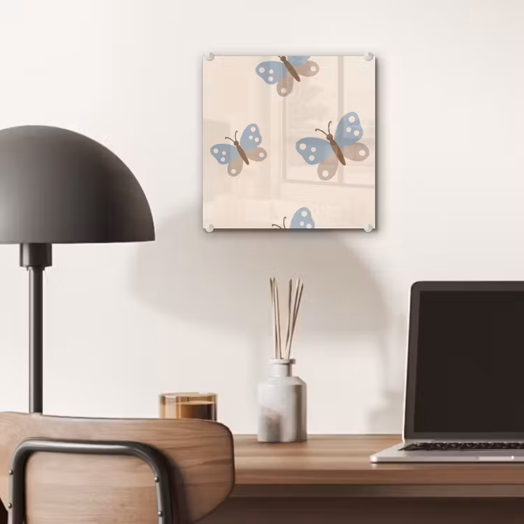 Glas schilderij - Insect - Vlinderpatroon - Abstract - Blauw - Beige — 7