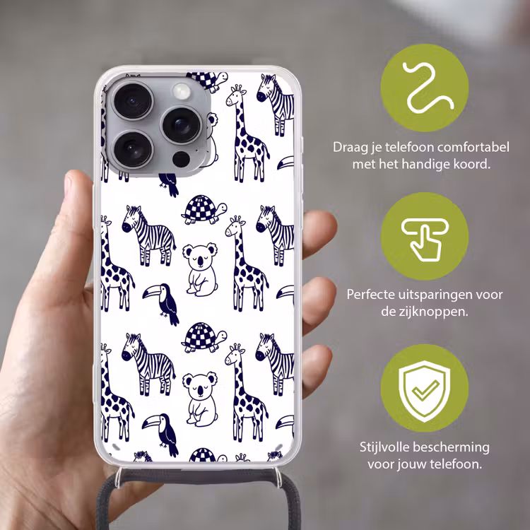 Telefoonhoesje met koord - Dieren - Patroon - Kinderkamer - Grafisch - Wit-Blauw — 4