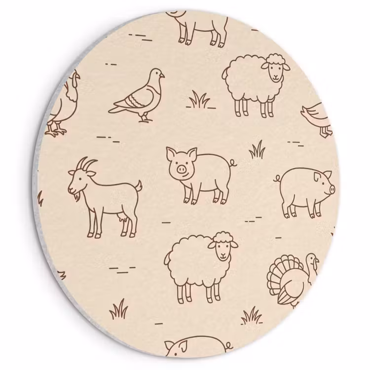 Akoestisch schilderij rond - Dieren - Patroon - Boerderij - Minimalistisch - Beige — 1