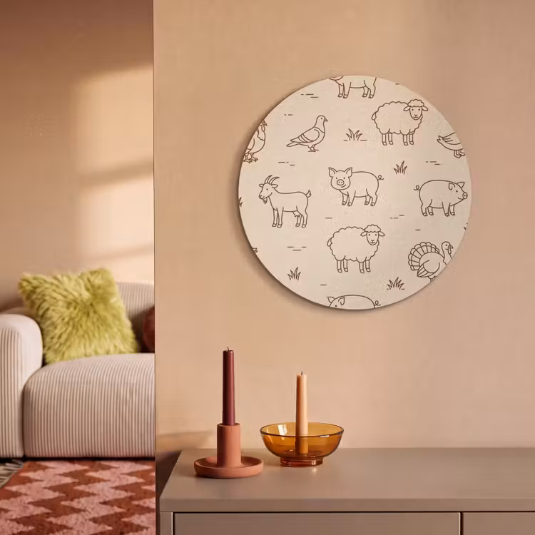 Akoestisch schilderij rond - Dieren - Patroon - Boerderij - Minimalistisch - Beige — 3