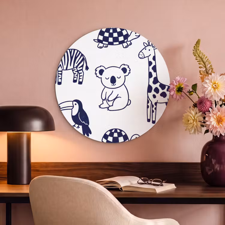 Akoestisch schilderij rond - Dieren - Patroon - Kinderkamer - Grafisch - Wit-Blauw — 2