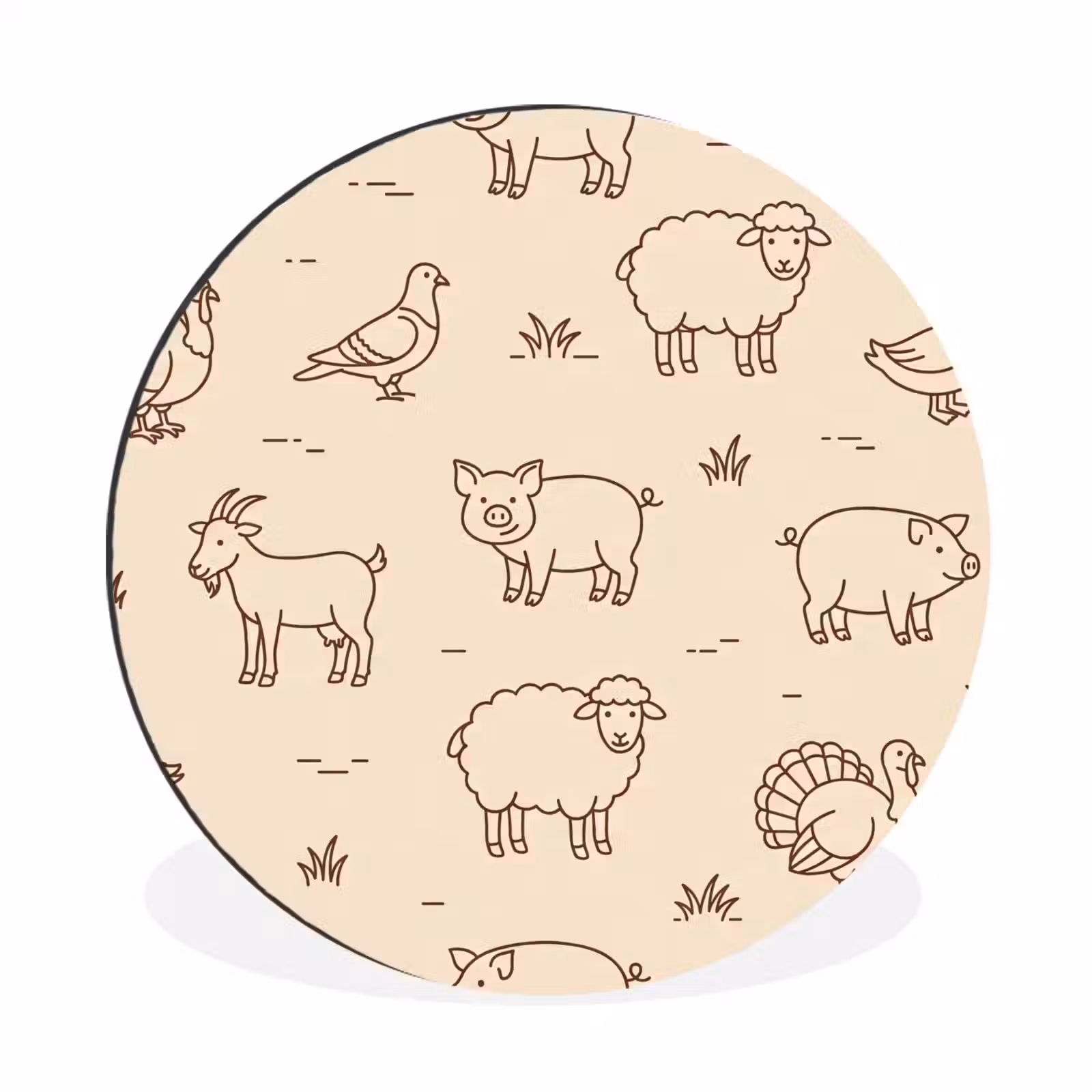Muurcirkel aluminium - Dieren - Patroon - Boerderij - Minimalistisch - Beige — 1