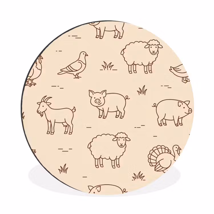 Muurcirkel aluminium - Dieren - Patroon - Boerderij - Minimalistisch - Beige — 1
