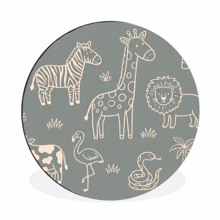 Muurcirkel aluminium - Dieren - Safari - Patroon - Illustratie - Groen — 1