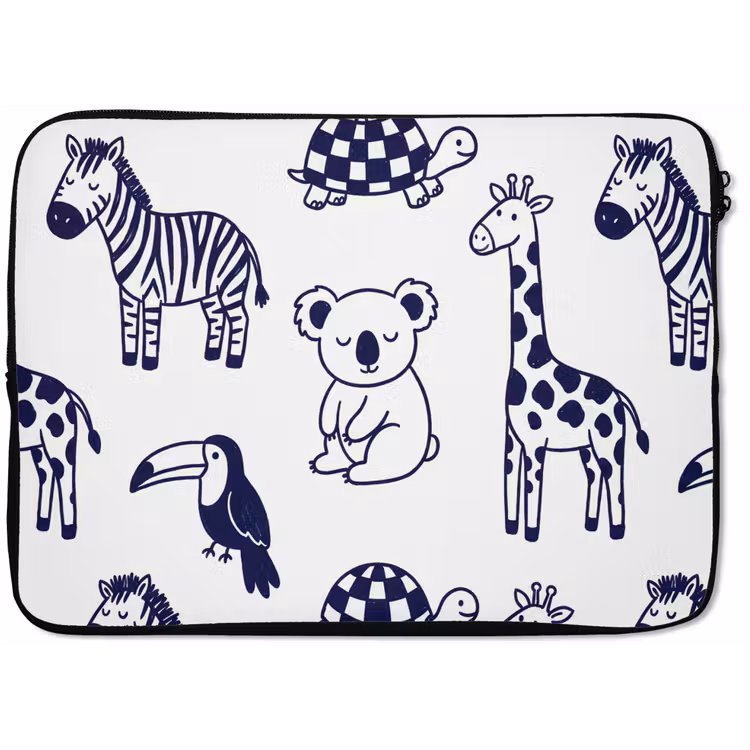 Laptophoes Dieren - Patroon - Kinderkamer - Grafisch - Wit-Blauw — 1
