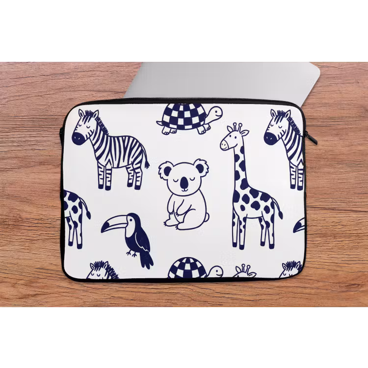 Laptophoes Dieren - Patroon - Kinderkamer - Grafisch - Wit-Blauw — 2