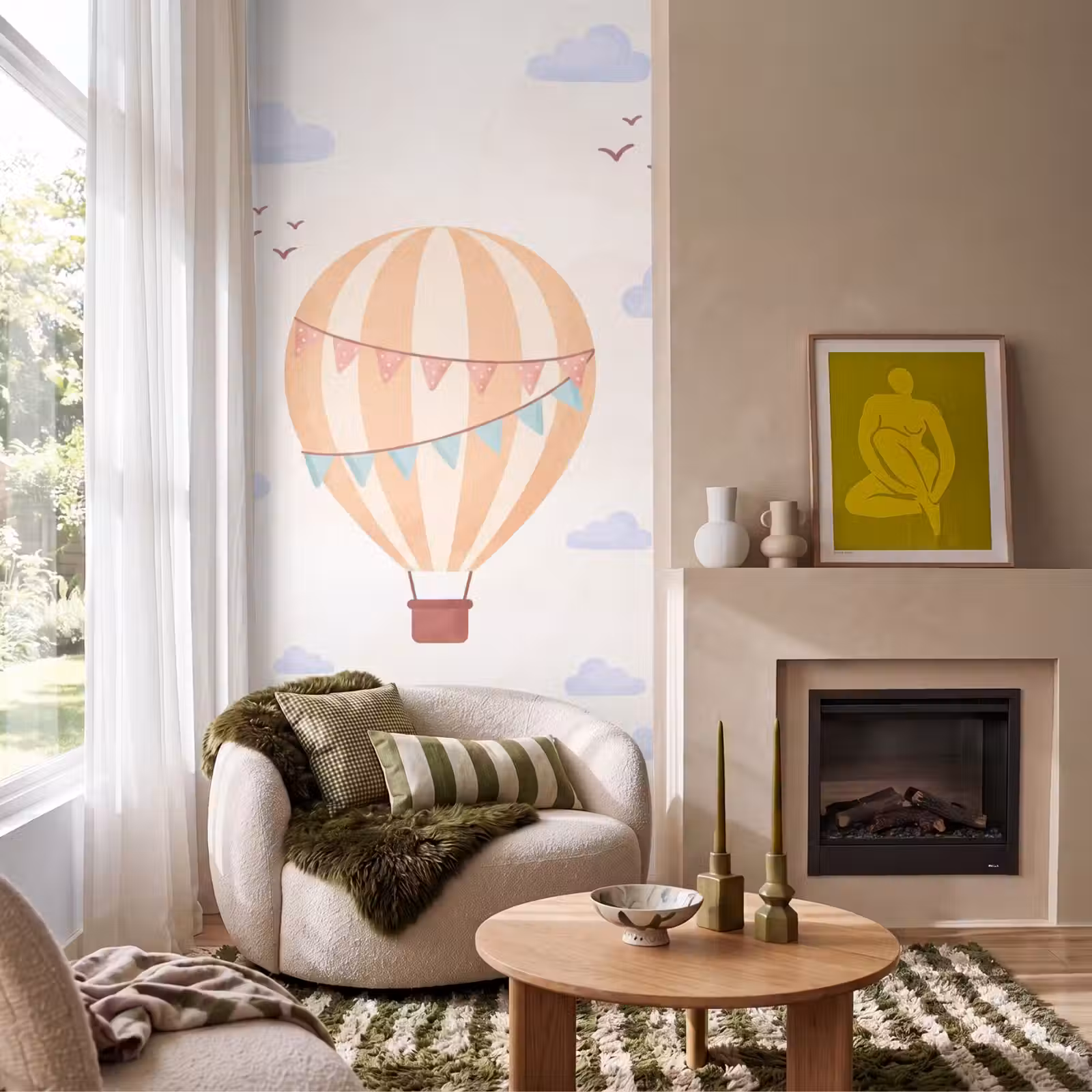 Behang - Luchtballon - Wolken - Illustratie - Zacht - Kinderkamer — 1