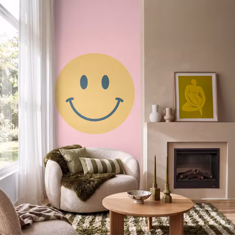 Behang - Smiley - Geel - Roze - Symbool - Minimalistisch — 1