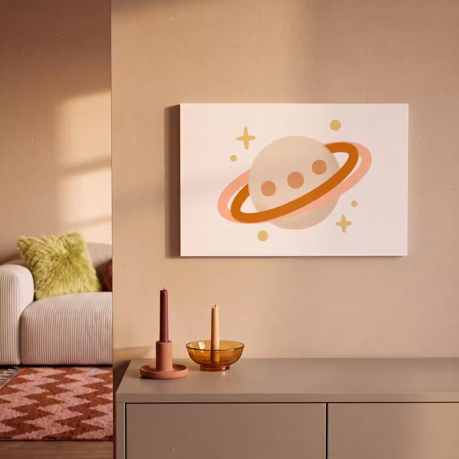 Canvas schilderij - Planeet - Ringen - Ruimte - Illustratie - Beige — 1