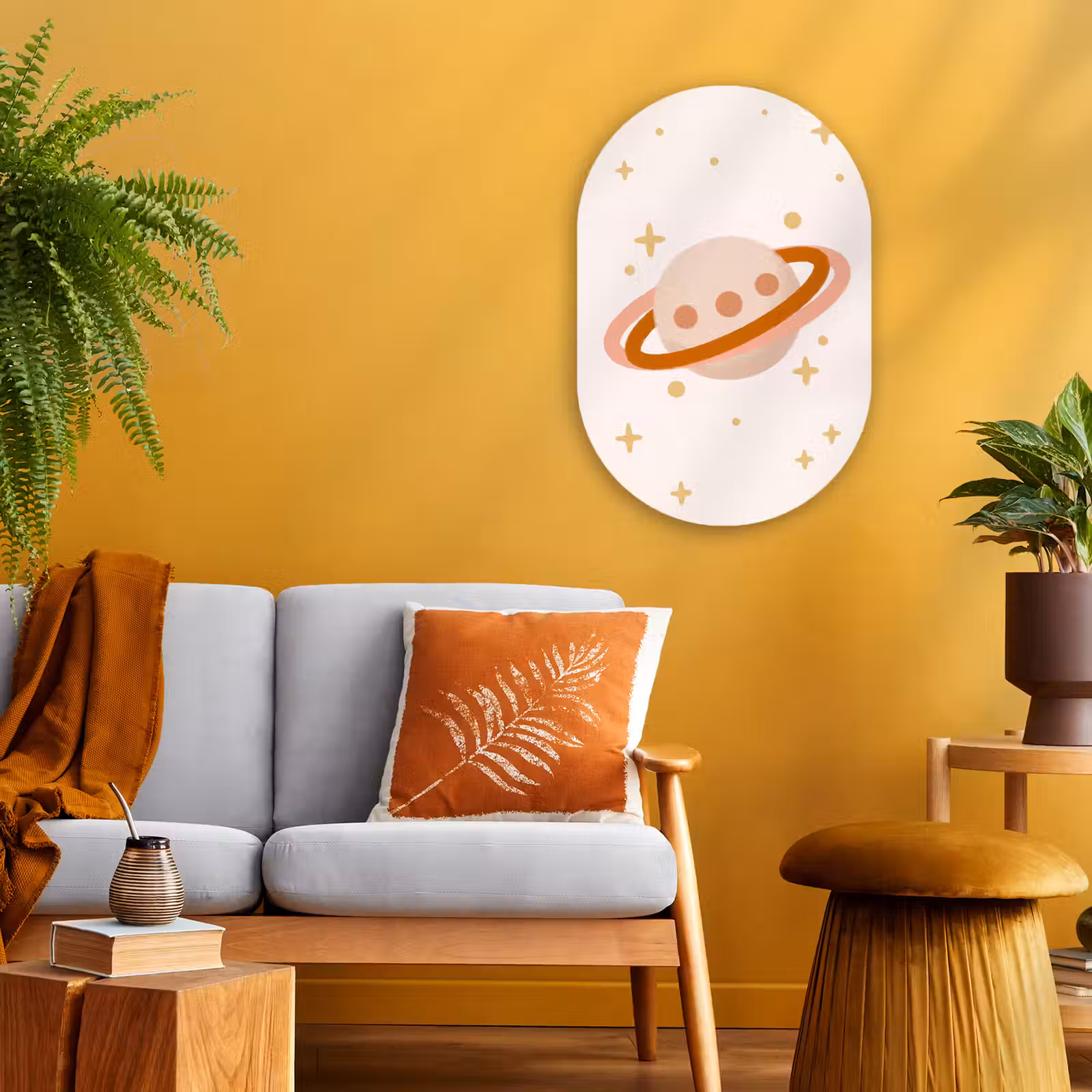 Muurovaal - Planeet - Ringen - Ruimte - Illustratie - Beige — 1