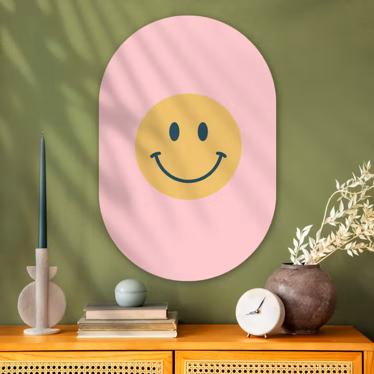 Muurovaal glas - Smiley - Geel - Roze - Symbool - Minimalistisch — 2