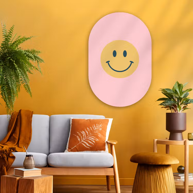 Muurovaal glas - Smiley - Geel - Roze - Symbool - Minimalistisch — 3