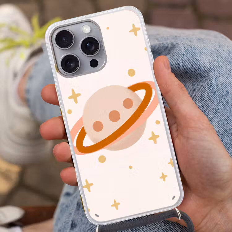 Telefoonhoesje met koord - Planeet - Ringen - Ruimte - Illustratie - Beige — 2
