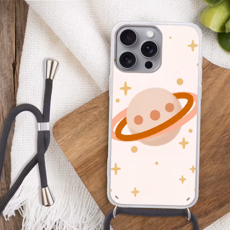 Telefoonhoesje met koord - Planeet - Ringen - Ruimte - Illustratie - Beige — 3