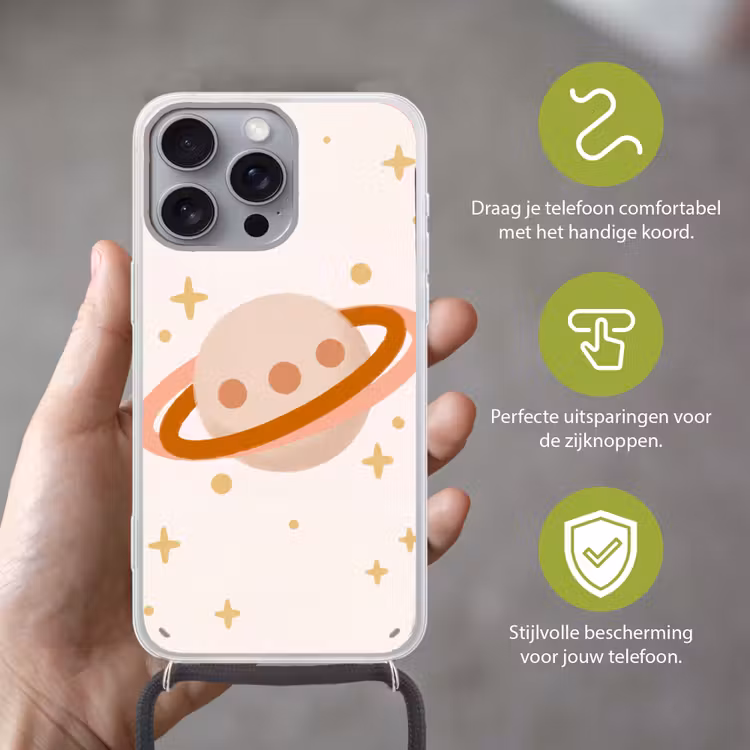 Telefoonhoesje met koord - Planeet - Ringen - Ruimte - Illustratie - Beige — 4