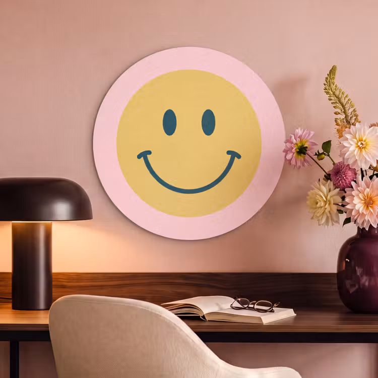 Akoestisch schilderij rond - Smiley - Geel - Roze - Symbool - Minimalistisch — 2