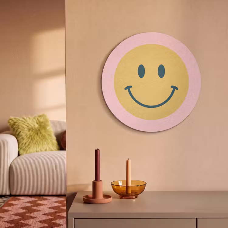 Akoestisch schilderij rond - Smiley - Geel - Roze - Symbool - Minimalistisch — 3