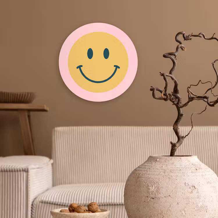 Muurcirkel glas - Smiley - Geel - Roze - Symbool - Minimalistisch — 2