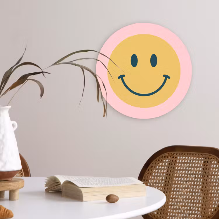 Muurcirkel glas - Smiley - Geel - Roze - Symbool - Minimalistisch — 4