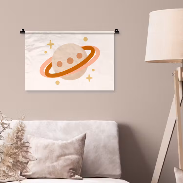Wandkleed - Planeet - Ringen - Ruimte - Illustratie - Beige — 2