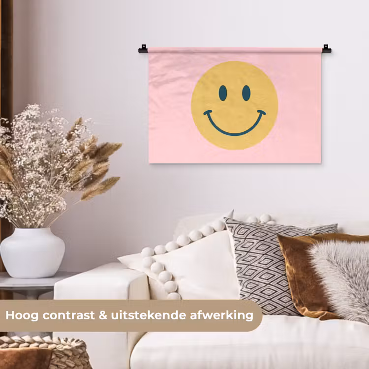 Wandkleed - Smiley - Geel - Roze - Symbool - Minimalistisch — 4