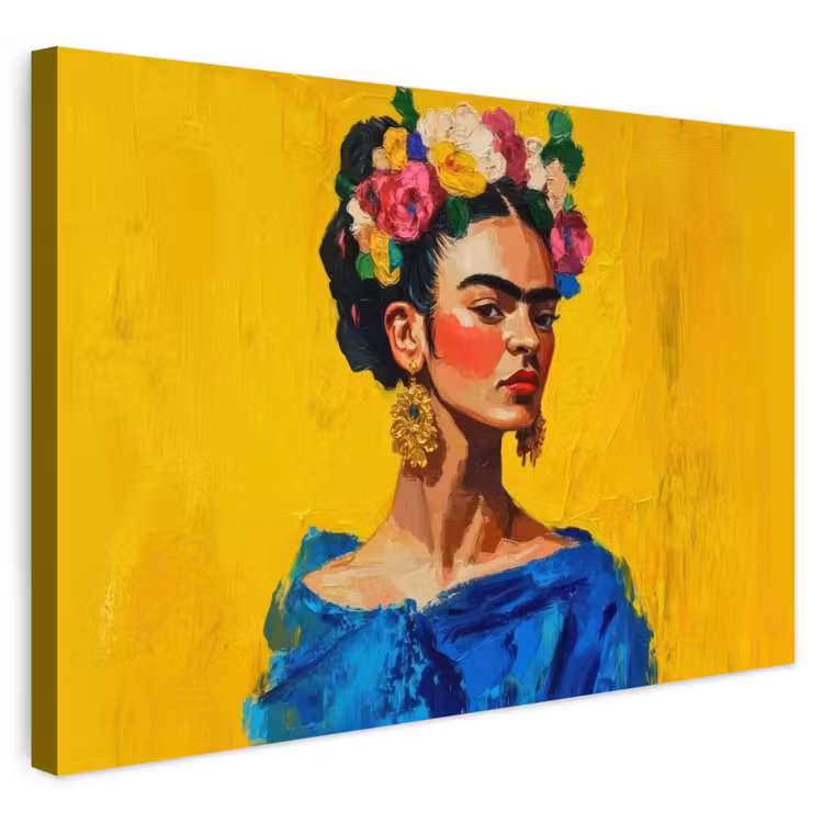 Buiten canvas - Frida Kahlo - Vrouw - Geel - Blauw - Bloemen — 1