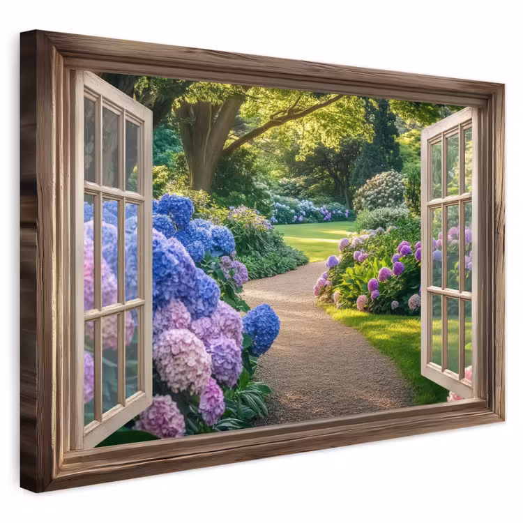 Buiten canvas - Doorkijk - Tuin - Raam - Hortensia - Bloemen — 1