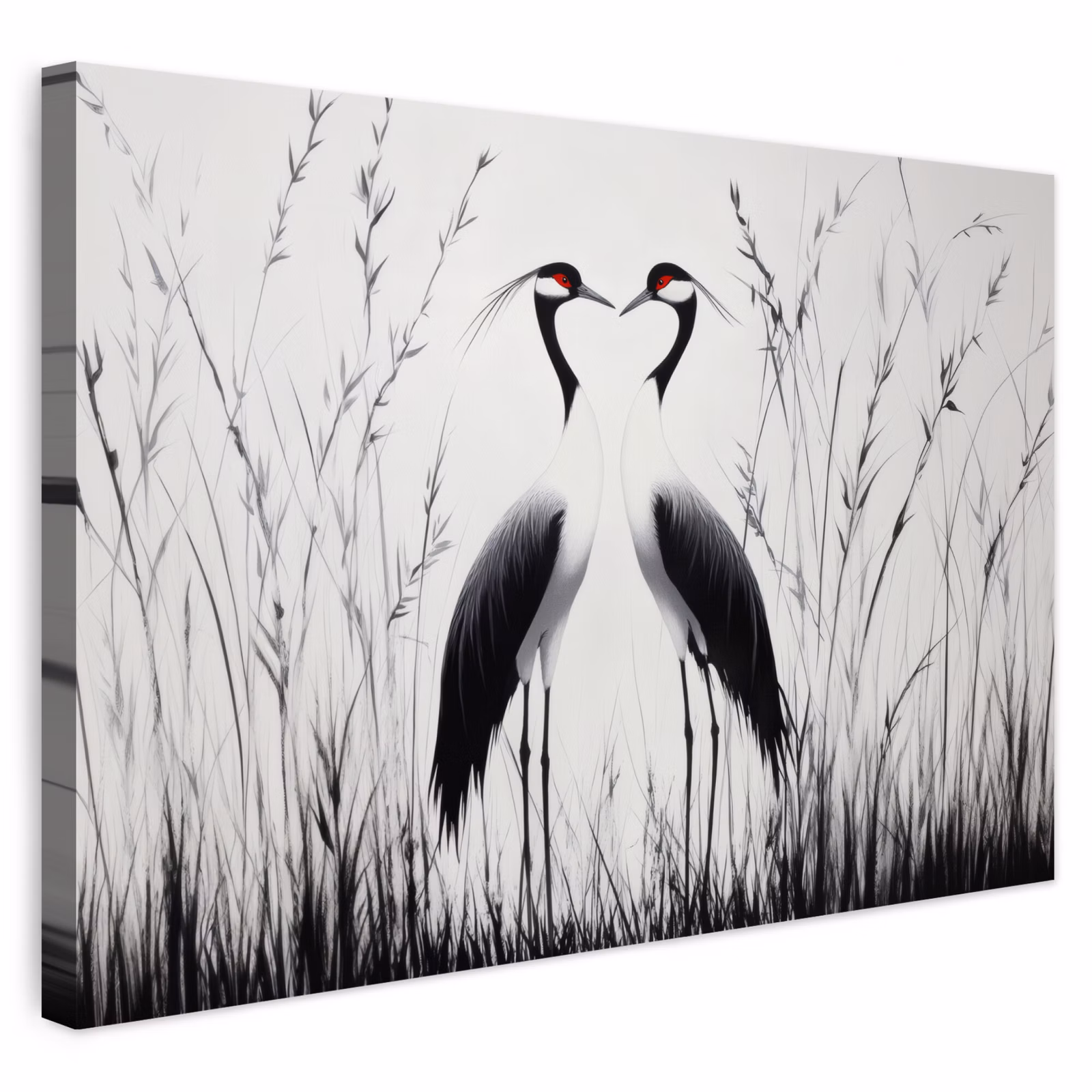Buiten canvas - Kraanvogels - Gras - Hartvorm - Zwart — 1