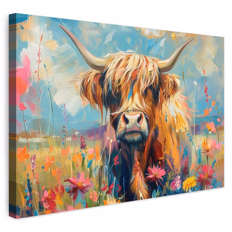 Buiten canvas - Schotse hooglander - Natuur - Kleurrijk - Bloemen — 1