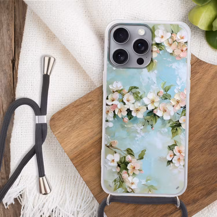 Telefoonhoesje met koord - Bloesem - Bladeren - Lichtblauw — 3