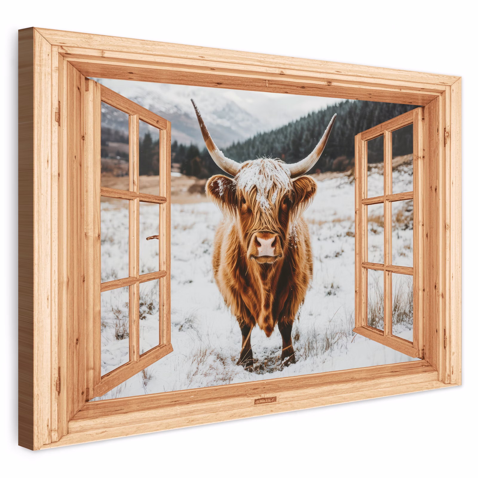 Buiten canvas - Schotse Hooglander - Landschap - Landelijk - Bergen - Winter - Doorkijk — 1