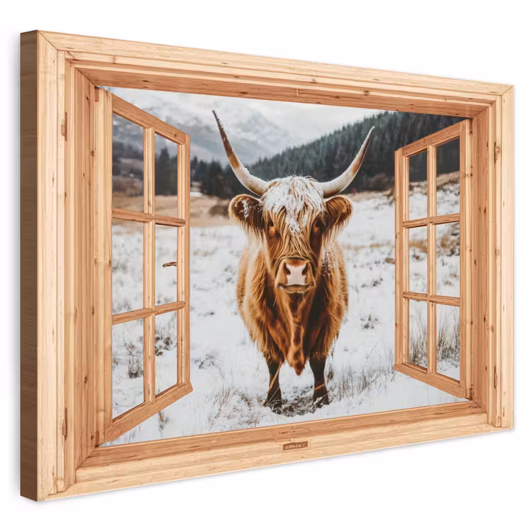 Buiten canvas - Schotse Hooglander - Landschap - Landelijk - Bergen - Winter - Doorkijk — 1