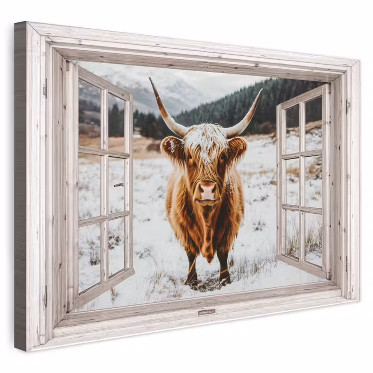 Buiten canvas - Schotse Hooglander - Winterlandschap - Landelijk - Bergen - Doorkijk — 1