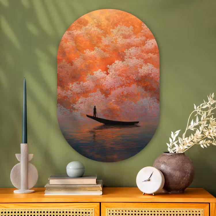 Muurovaal glas - Zee - Boot - Wolken - Oranje — 2