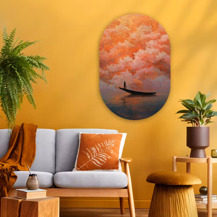 Muurovaal glas - Zee - Boot - Wolken - Oranje — 3