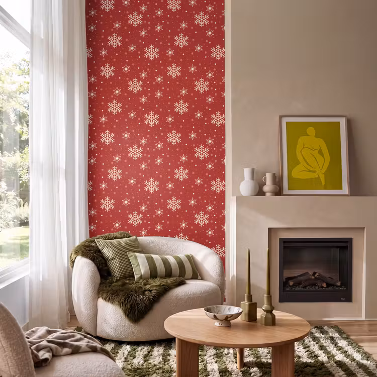 Behang - Illustratie - Sneeuwvlokken - Rood — 1