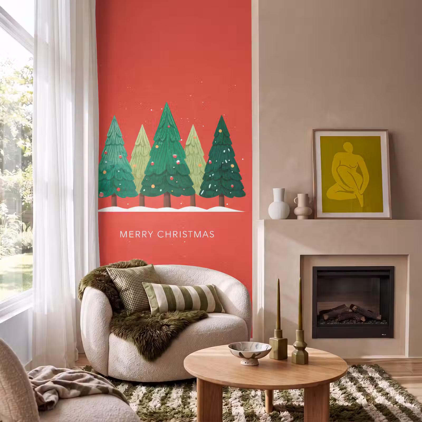 Behang - Minimalistisch - Kerstbomen - Rood - Sneeuw — 1