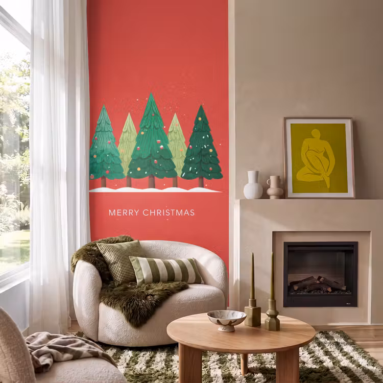 Behang - Minimalistisch - Kerstbomen - Rood - Sneeuw — 1