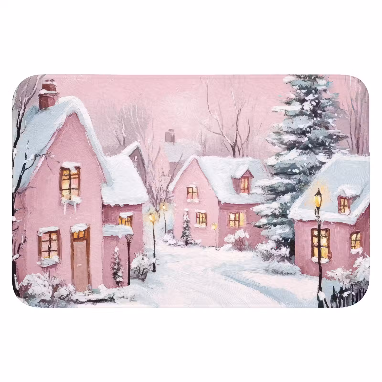 Badmat - Kerstdorp - Roze - Winter - Sneeuw - Huizen — 1