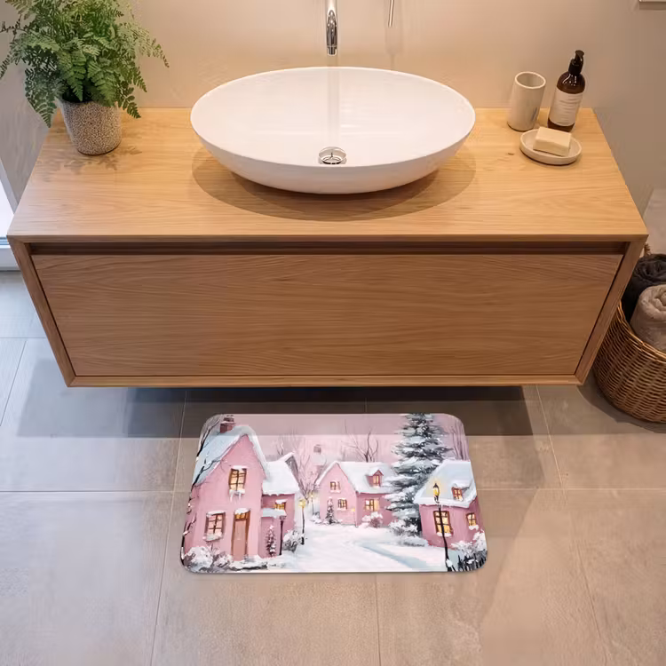 Badmat - Kerstdorp - Roze - Winter - Sneeuw - Huizen — 2