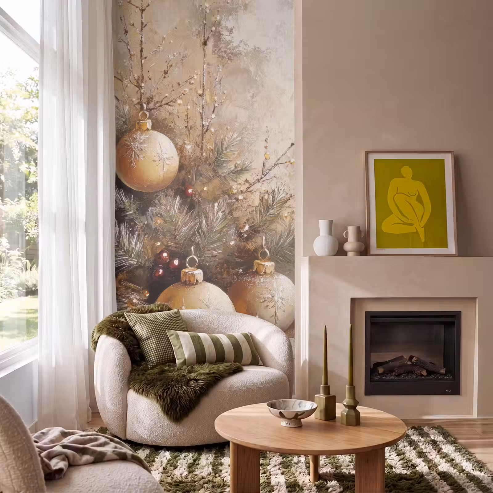 Behang - Kerst - Kerstballen - Beige - Goud — 1