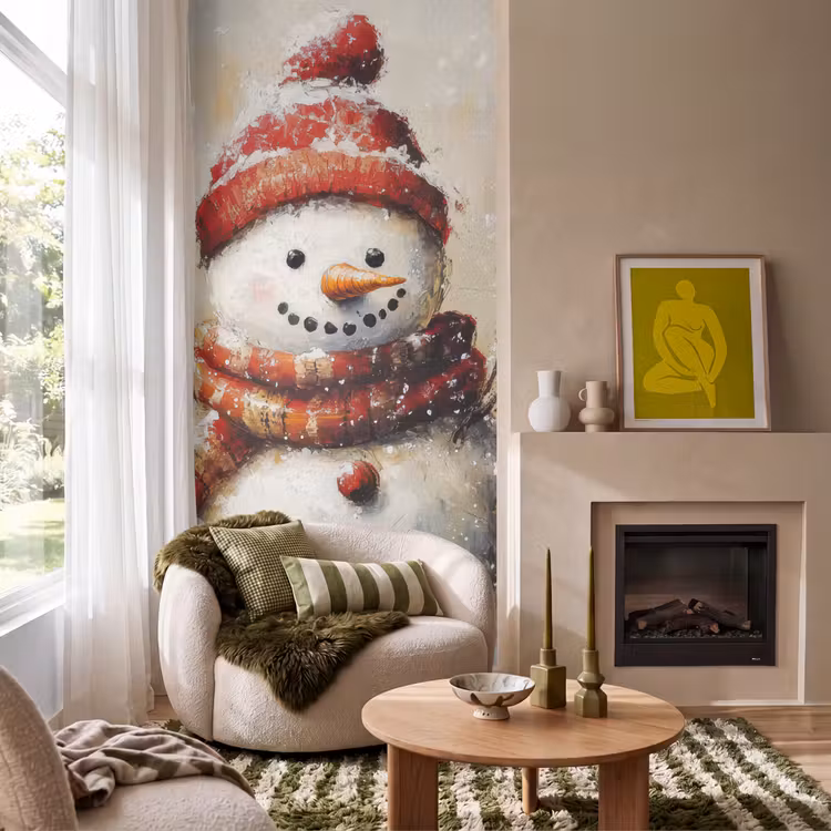 Behang - Sneeuwpop - Winter - Sneeuw - Beige — 1