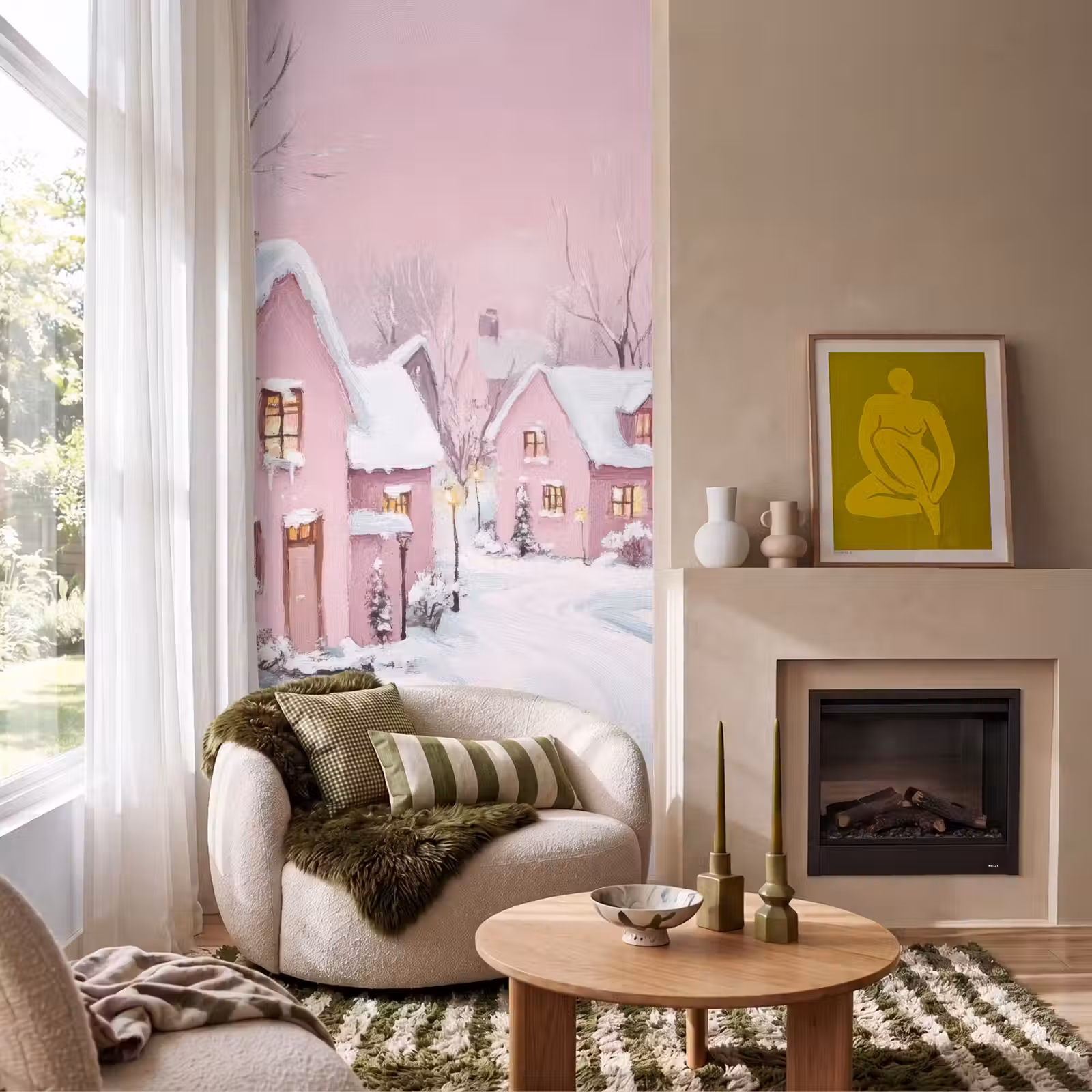 Behang - Kerstdorp - Roze - Winter - Sneeuw - Huizen — 1